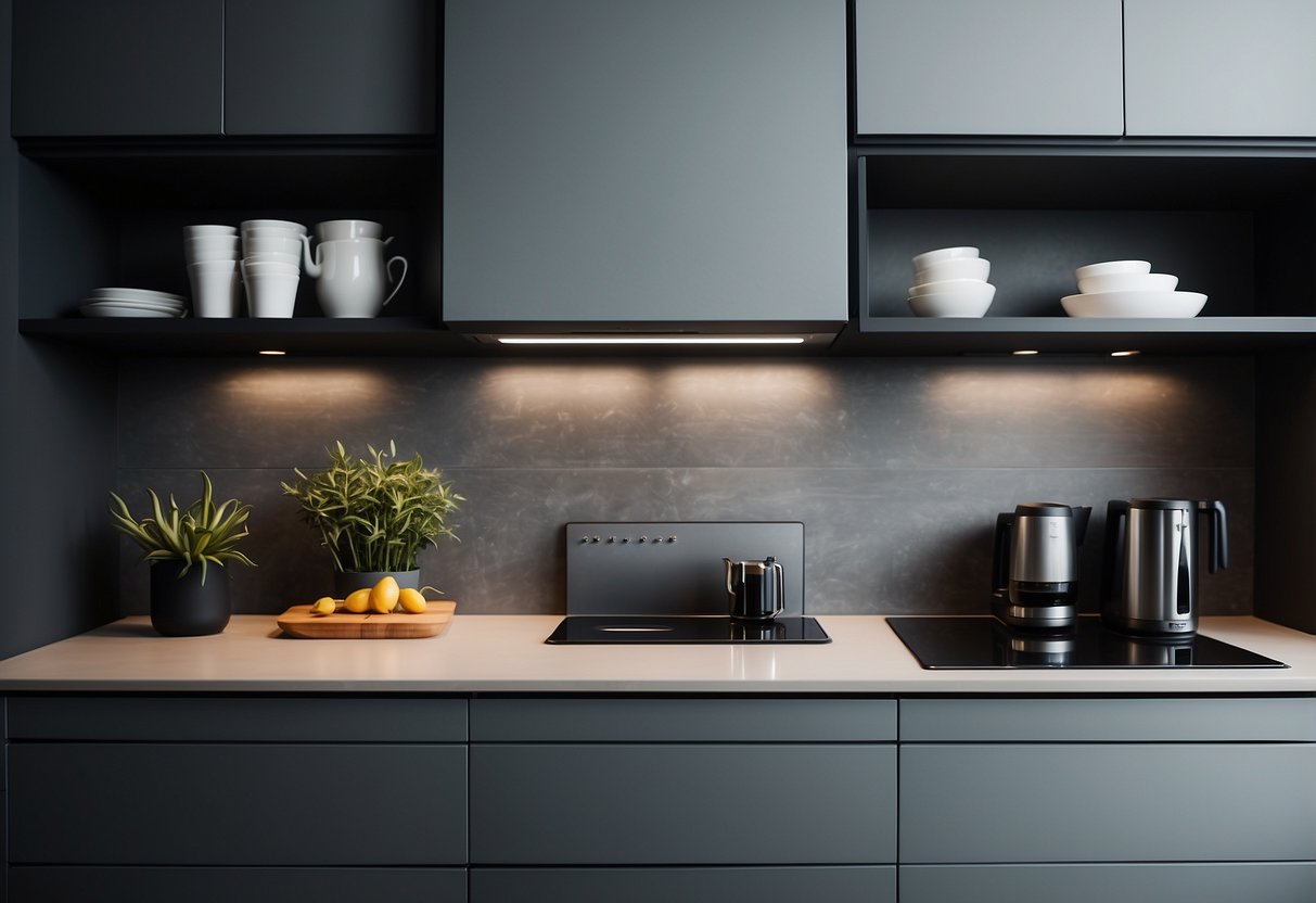 A sleek, minimalist kitchen with a compact appliance station. Clean lines, modern fixtures, and efficient use of space