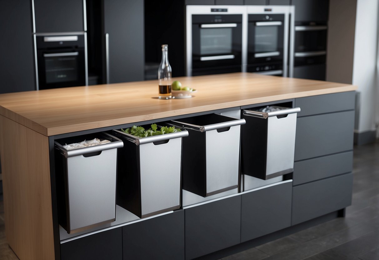 Three pull-out recycling bins integrated into sleek modern kitchen cabinets