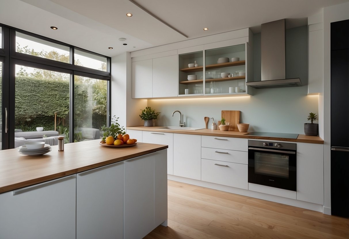 Two bi-fold cabinet doors open to reveal a modern kitchen with sleek design and small scale