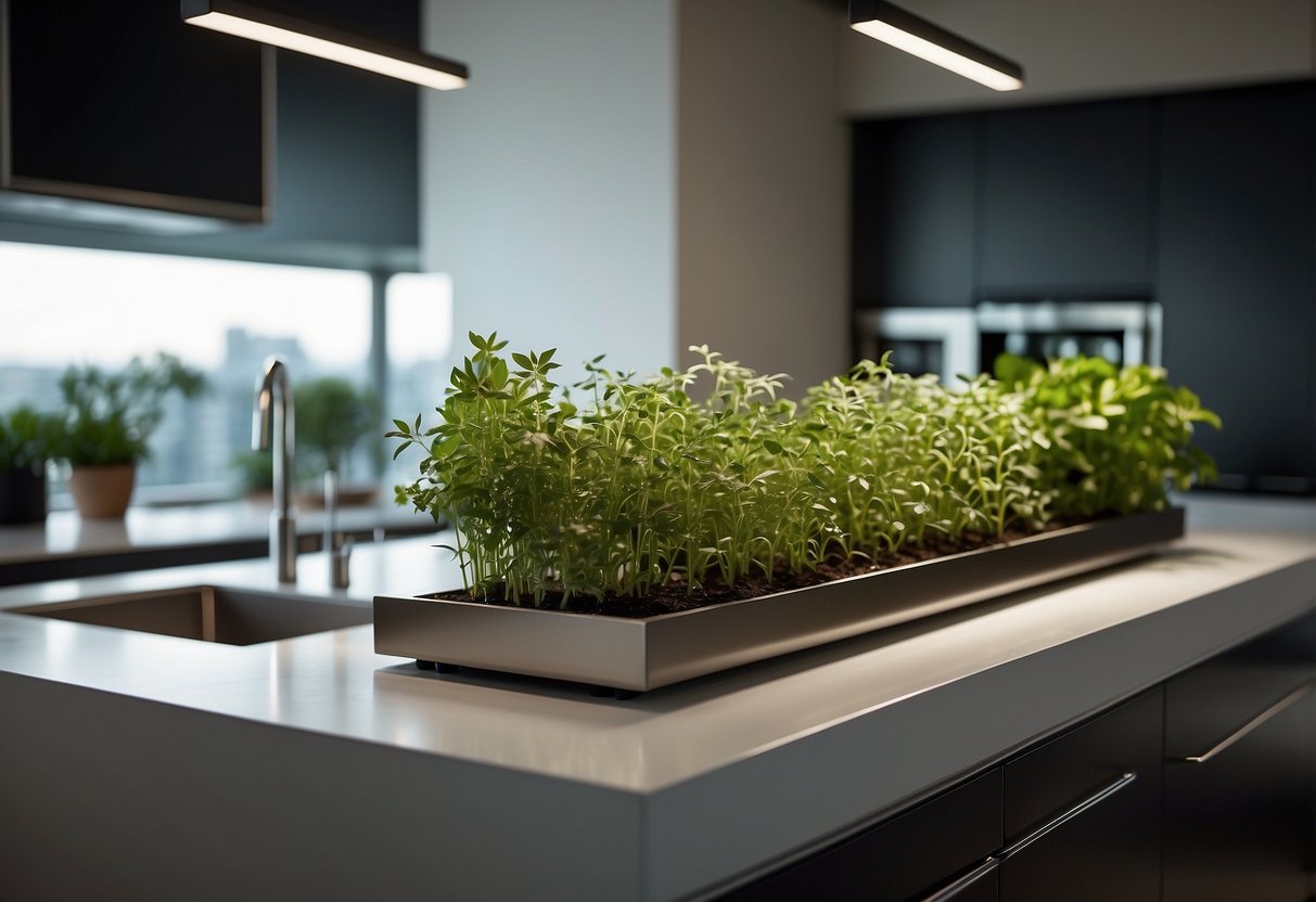 An integrated herb garden sits on a sleek modern kitchen counter, surrounded by clean lines and minimalist design