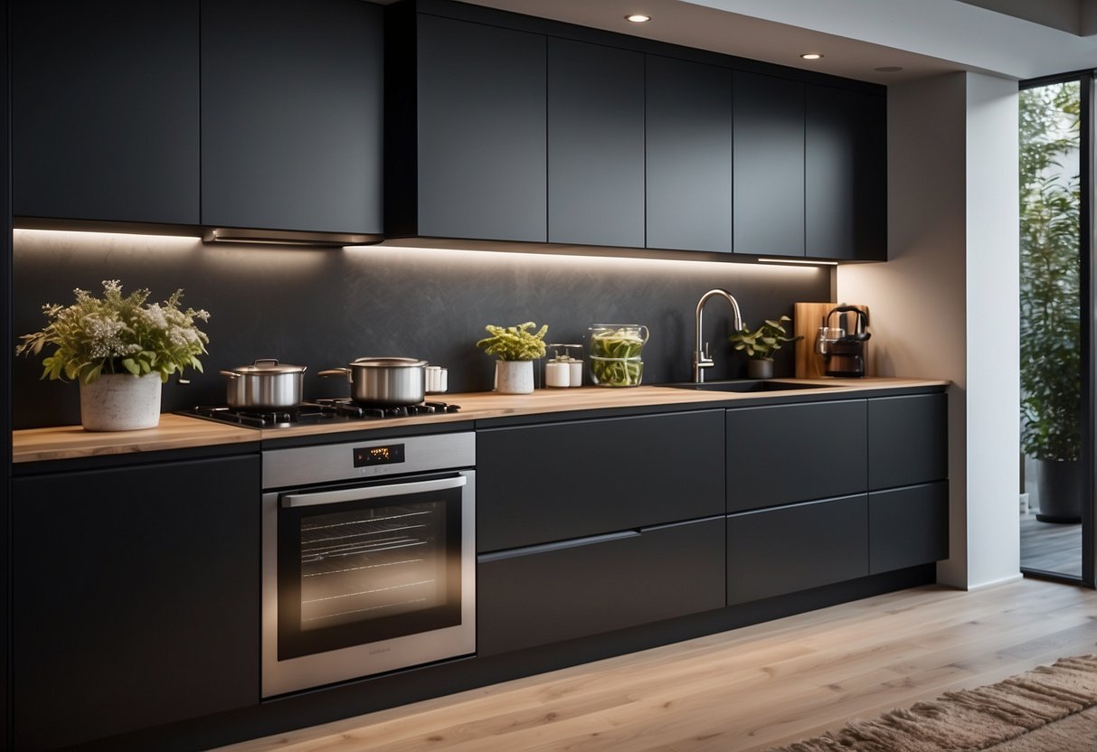 A sleek, compact kitchen with a modern design. The Appliance Lift Cabinet 30 is seamlessly integrated into the space, adding functionality and style