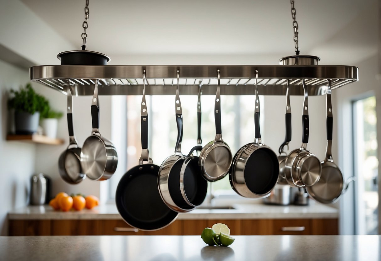 A sleek, wall-mounted pot rack hangs above a minimalist, modern kitchen island. The rack is filled with gleaming, stainless steel pots and pans, adding a touch of functionality and style to the space