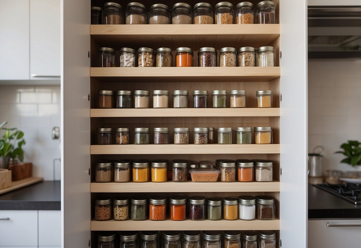 A sleek, pull-out spice rack is neatly tucked into a modern kitchen cabinet, with labeled jars and containers organized in a clean and minimalist design