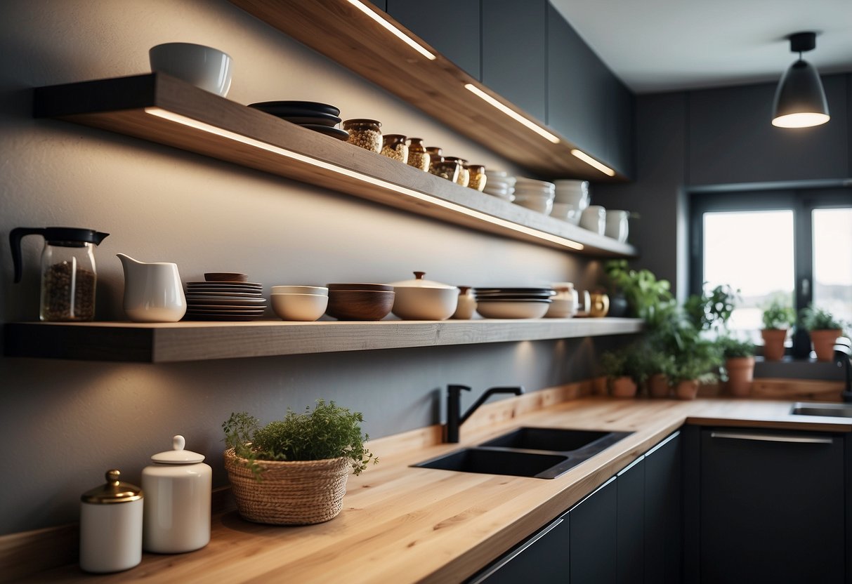 A row of floating shelves filled with kitchen items in a modern, sleek kitchen design
