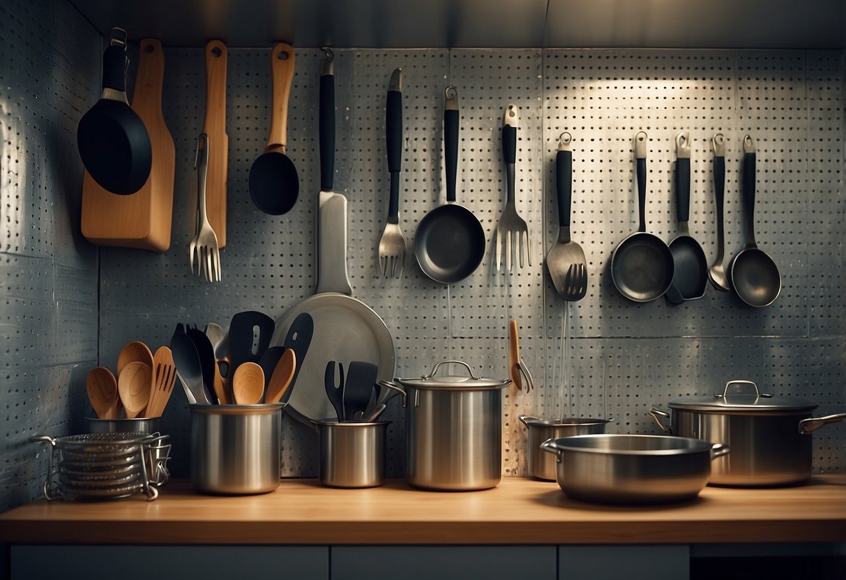 A pegboard wall holds utensils in a modern kitchen