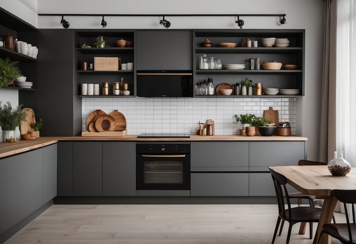 A sleek, minimalist kitchen with clean lines and integrated appliances. Neutral color palette with pops of bold accents. Open shelving and clever storage solutions maximize space