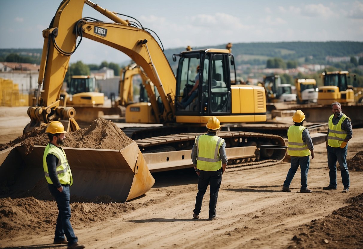 A construction site in France, with heavy machinery and workers in yellow helmets. The scene is bustling with activity as cranes lift materials and trucks come and go