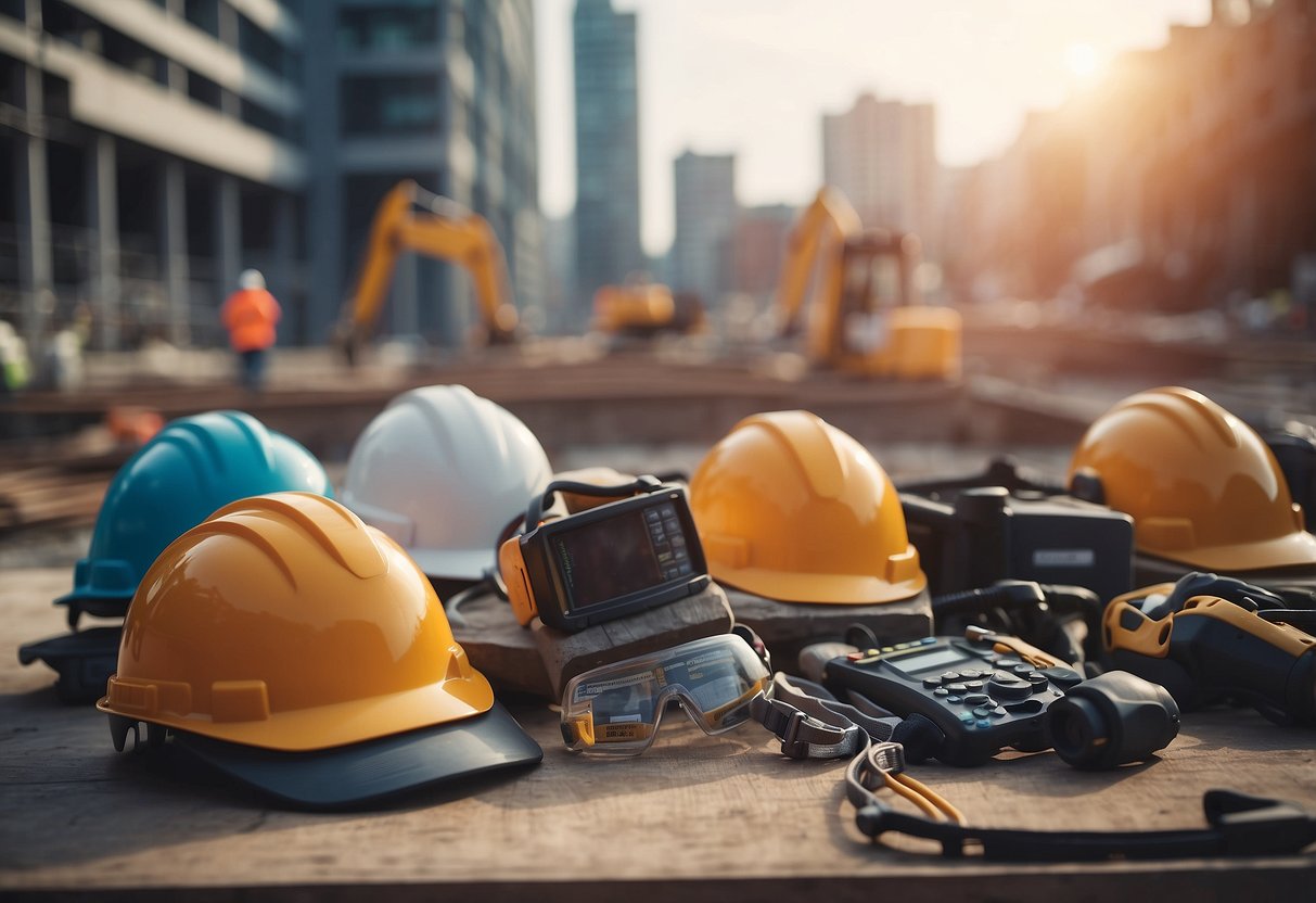 Construction site with various equipment and materials. Workers wearing safety gear. Signage displaying construction regulations. Busy and organized environment