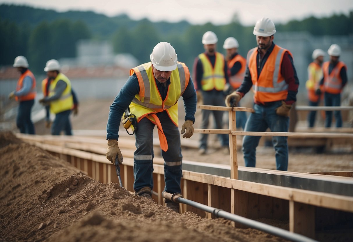 A construction site in France with workers using safety equipment and following regulations to prevent construction defects