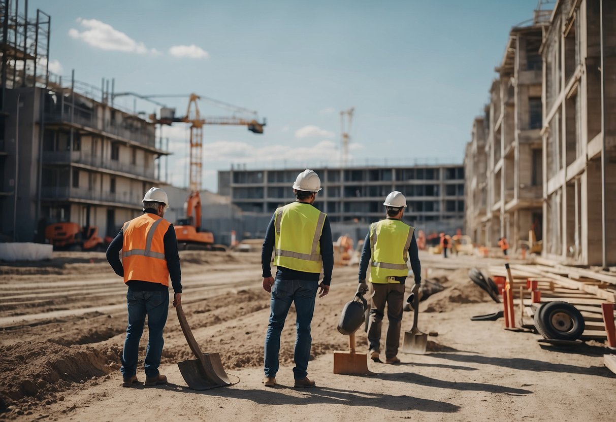 A construction site in France with various equipment and materials, showing activity and progress in the public works sector