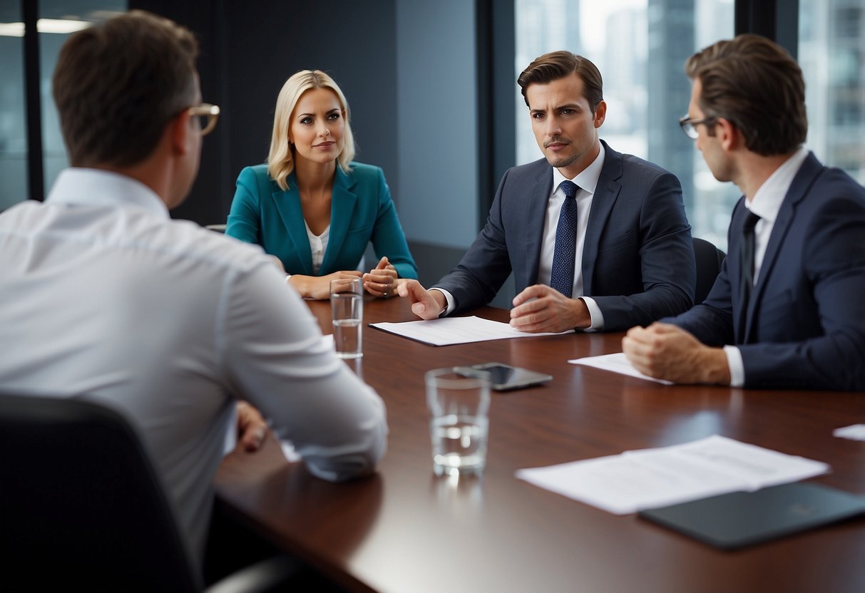 A group of people discussing legal and regulatory matters in a professional setting, possibly in a boardroom or office environment