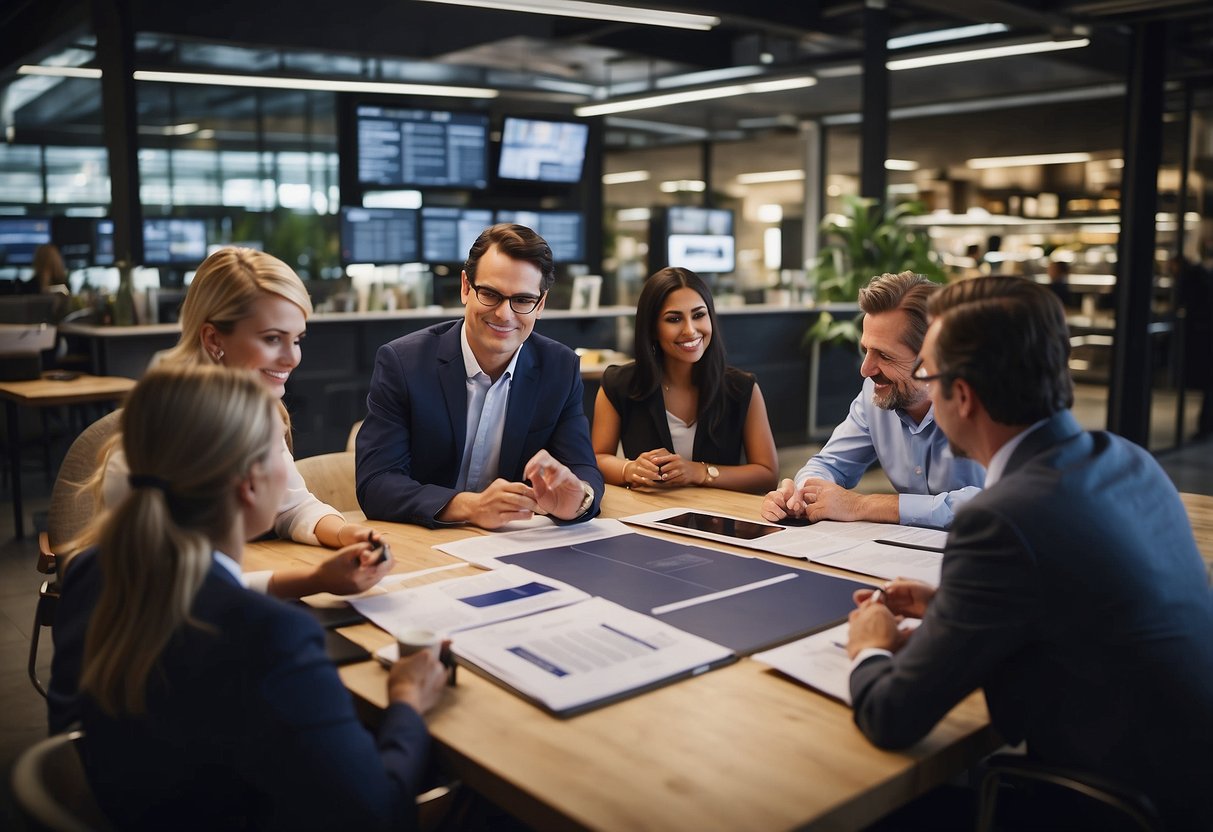 A group of professionals discussing and reviewing specific case studies and applications related to composite framework agreements in public markets