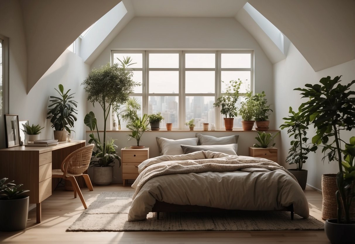 A cozy, minimalist bedroom with sleek furniture, soft lighting, and neutral colors. A large window lets in natural light, and a few potted plants add a touch of greenery