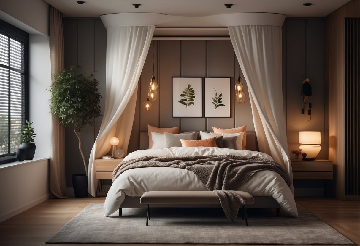 A cozy bedroom with a modern canopy bed frame, minimal decor, and soft lighting