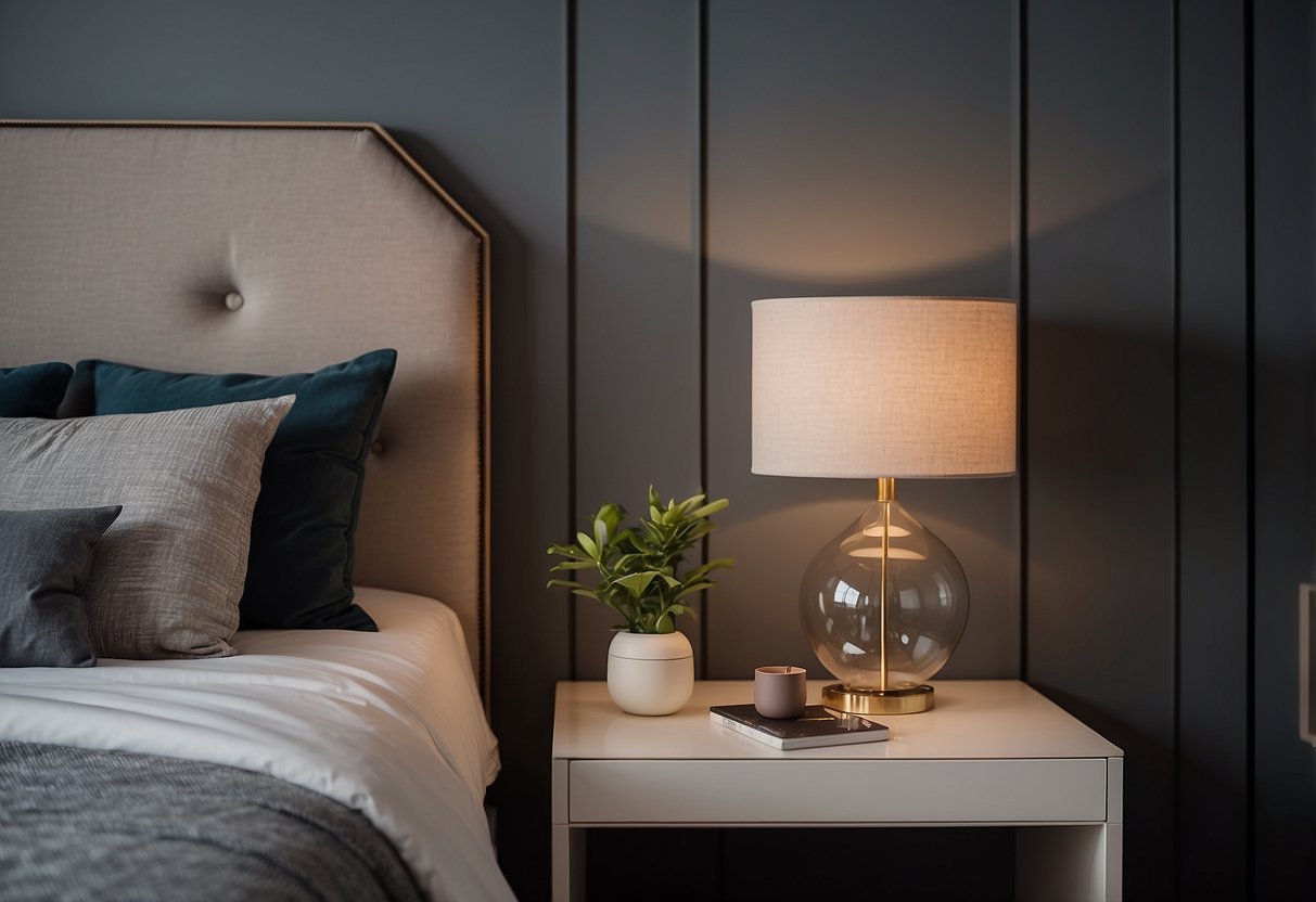 Two floating bedside tables in a modern bedroom with minimal decor and soft lighting