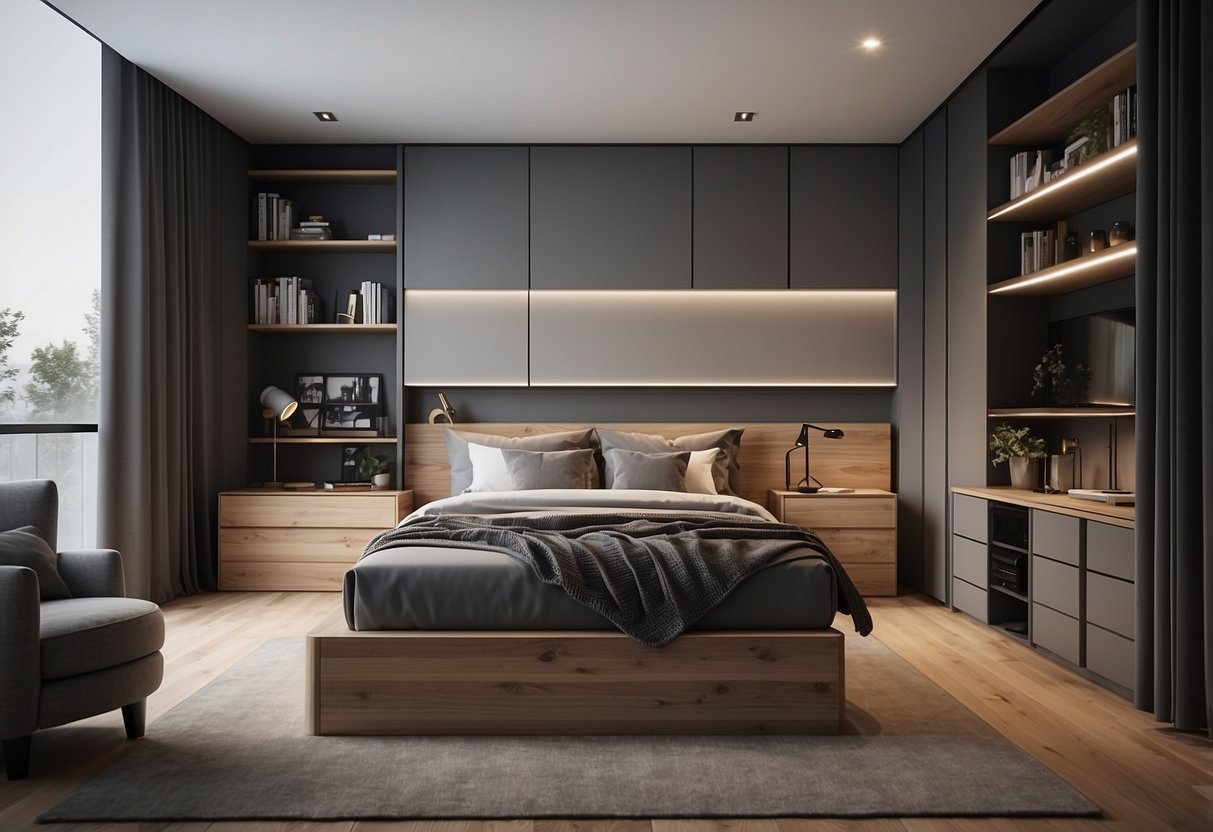 A modern bedroom with under-bed storage solutions, showcasing 30 small space ideas