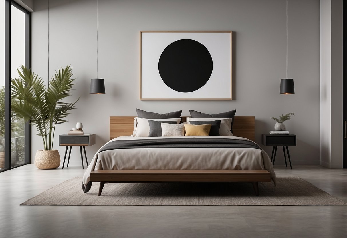 A minimalist bedroom with a geometric wall art as the focal point, featuring clean lines and a contemporary color palette