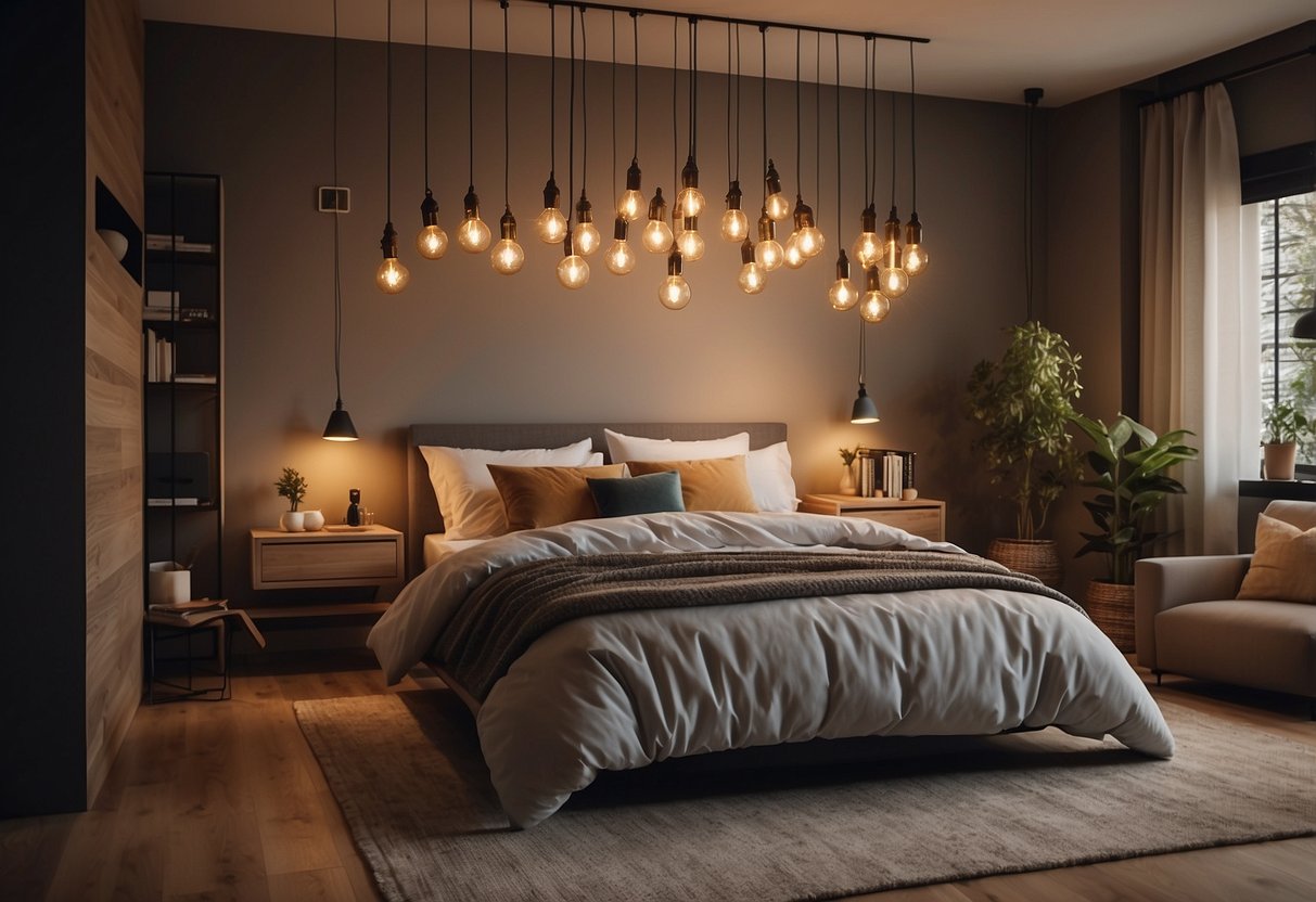 A cozy modern bedroom with 30 pendant lights hanging from the ceiling, casting a warm and inviting glow throughout the space