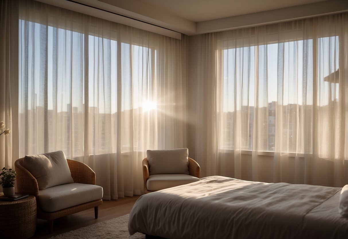 Sunlight filters through sheer curtains in a modern bedroom, casting soft, ethereal patterns on the minimalist decor