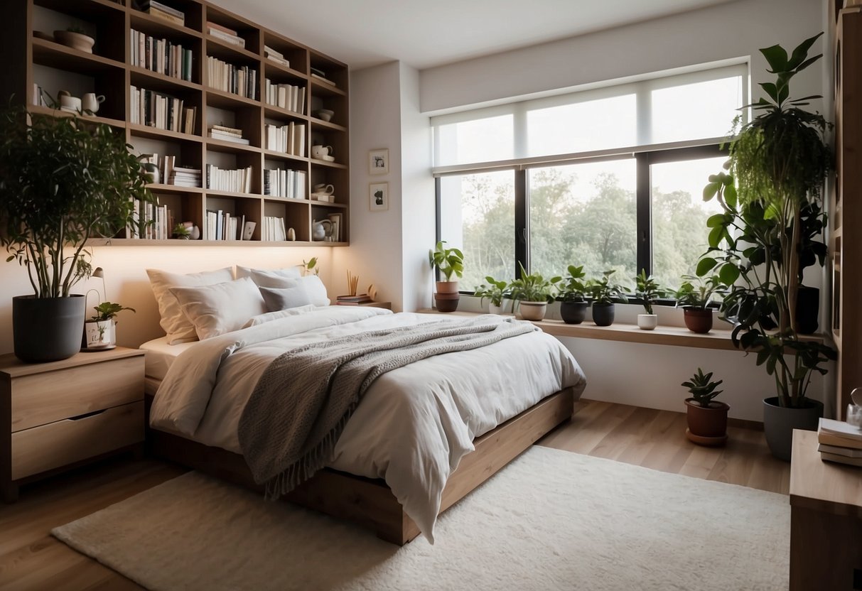 A cozy modern bedroom with built-in shelves displaying books, plants, and decorative items. The shelves are sleek and minimalist, adding a touch of elegance to the room
