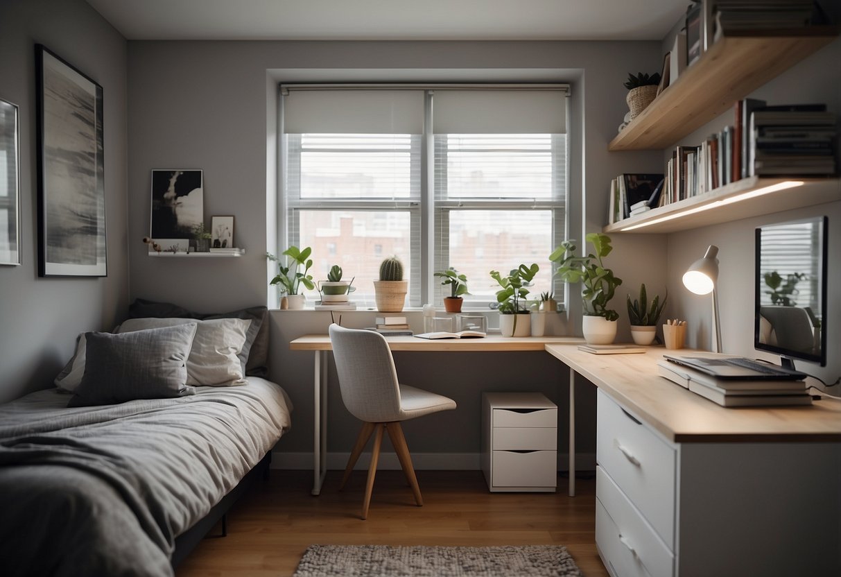 A small bedroom with compact desks, modern decor, and minimalistic design