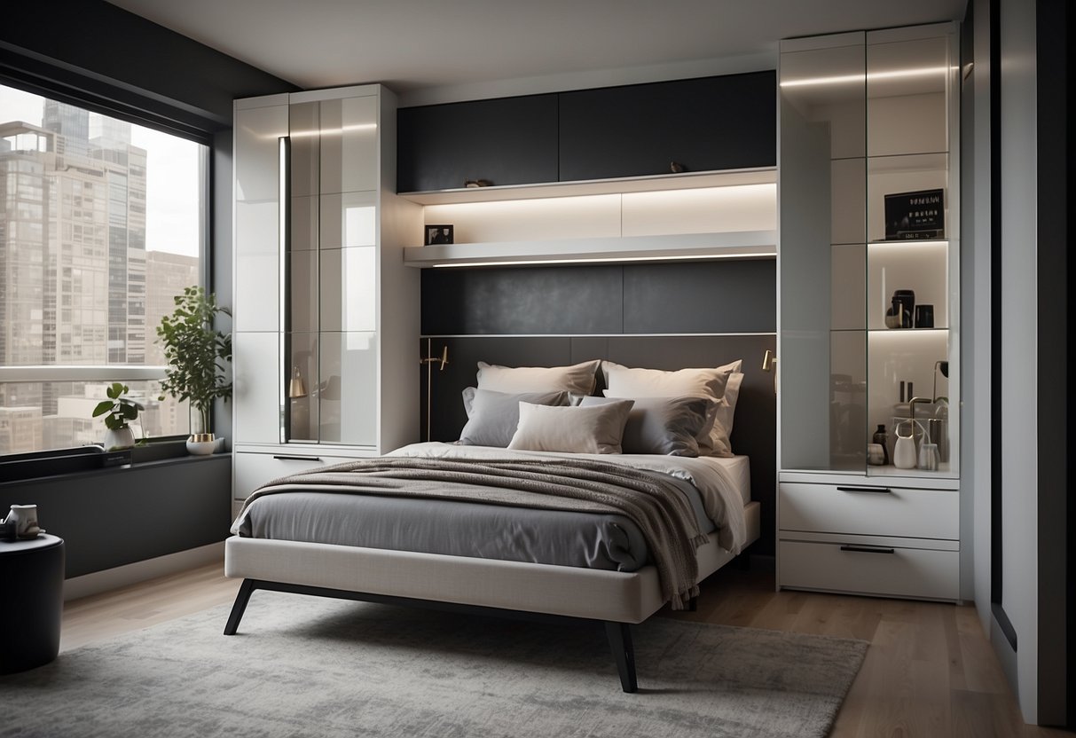 A small modern bedroom with a Murphy bed folded up, sleek furniture, and minimalist decor