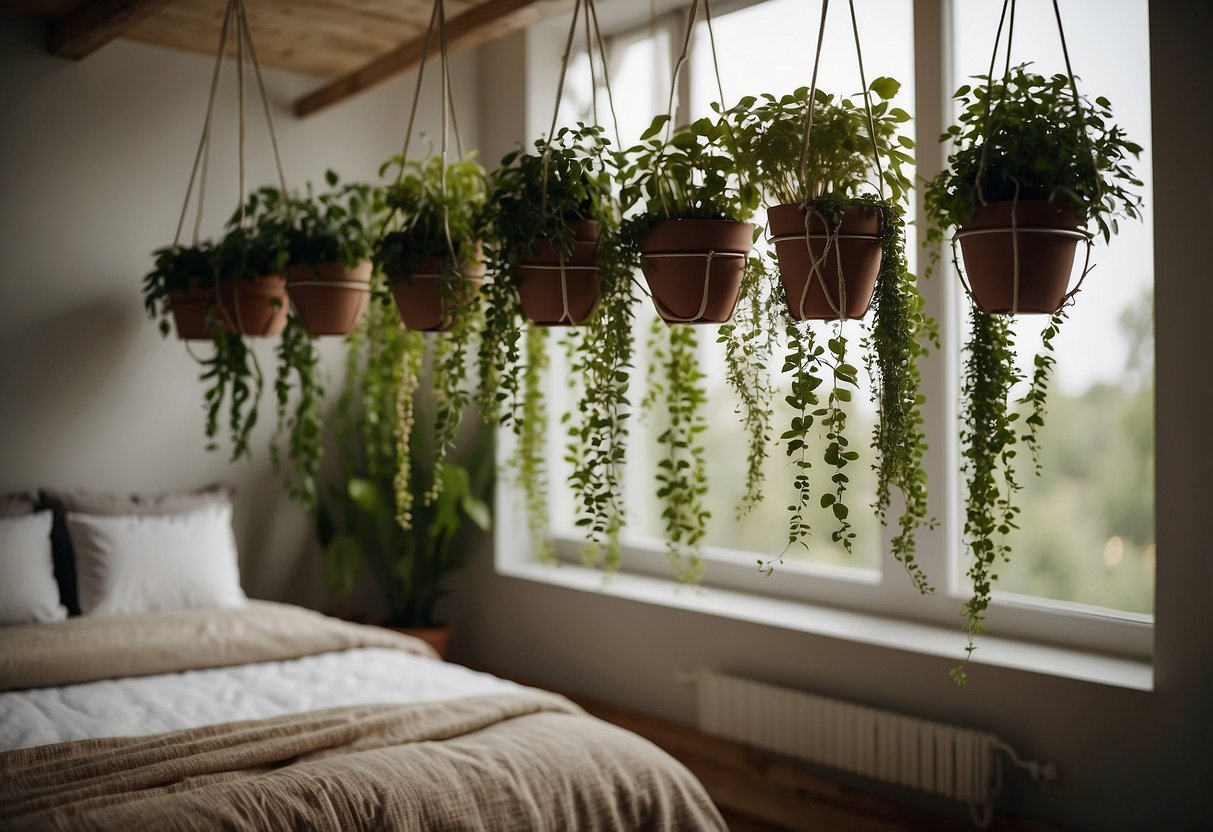 A cozy modern bedroom with 30 small plant hangers hanging from the ceiling, creating a lush and serene atmosphere