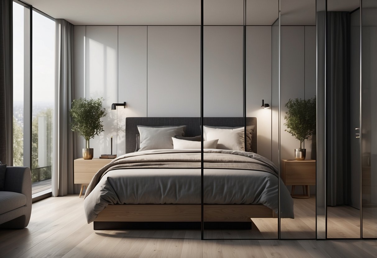A small modern bedroom with mirrored closet doors reflecting the minimalist decor and natural light