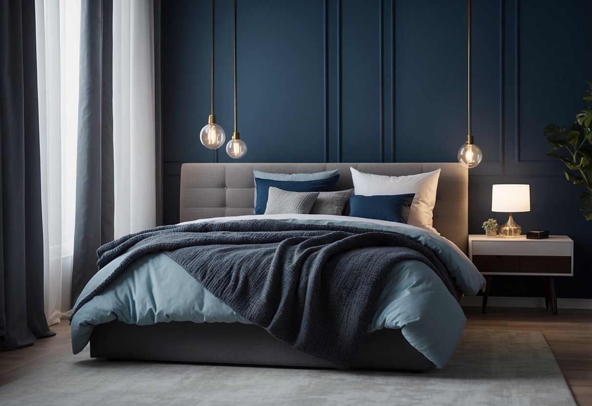 A small modern bedroom with color-blocked walls in shades of blue and grey, minimalistic furniture, and soft lighting