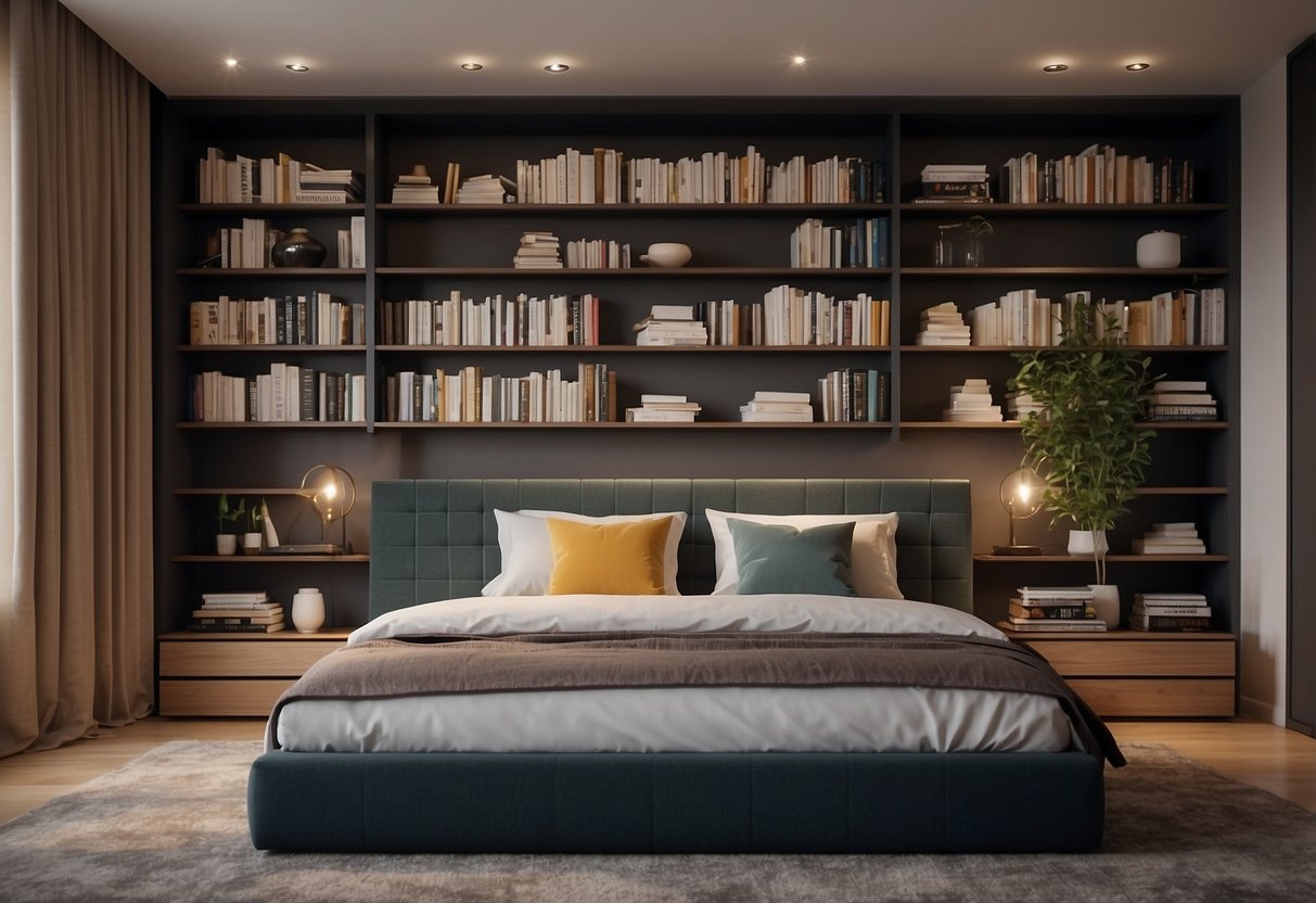 Slim bookshelves line the walls of a cozy modern bedroom, filled with books and decorative items. The space is minimalist yet functional, with a sleek and clean design