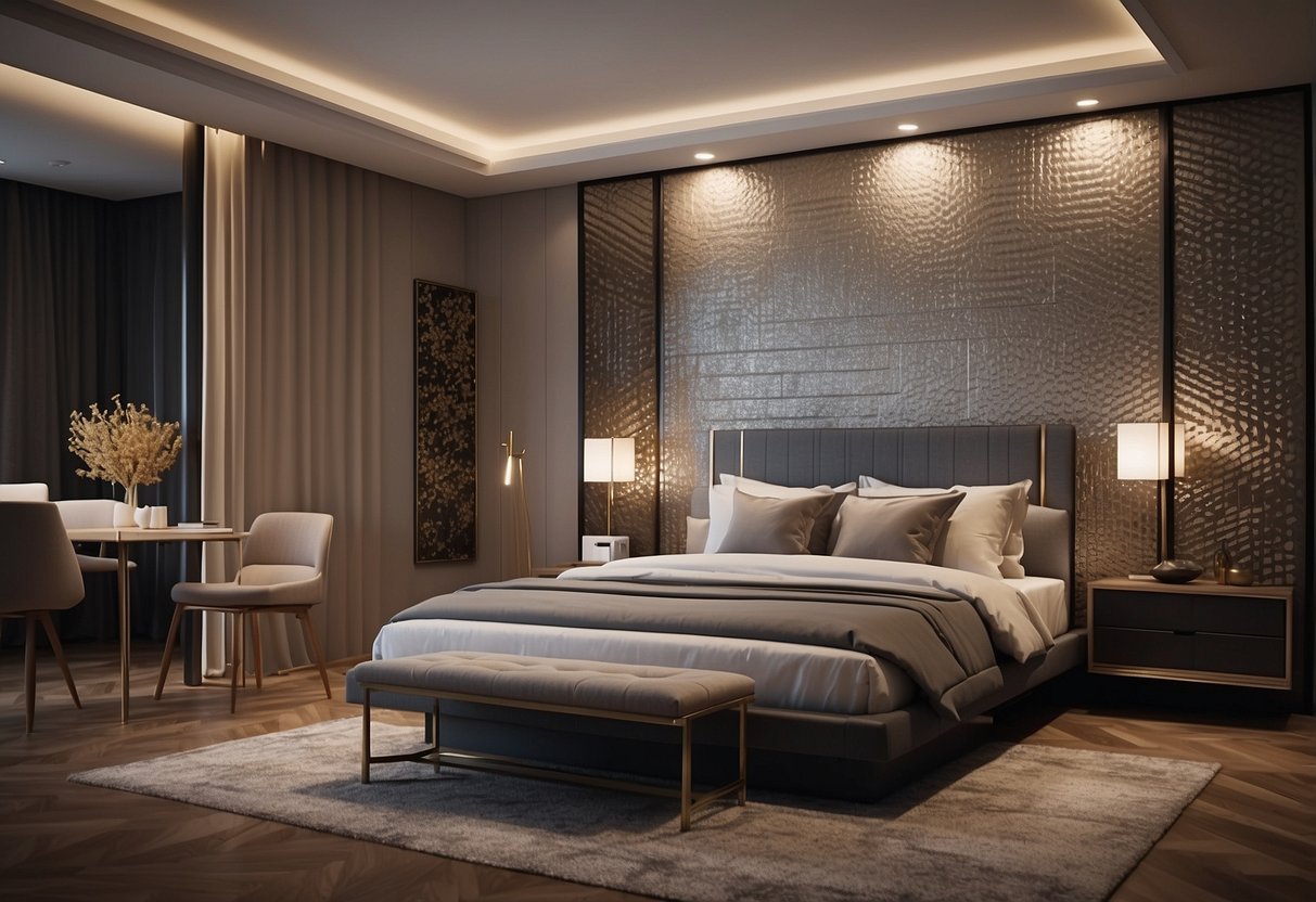 A bedroom with 30 small accent wall panels in a modern style