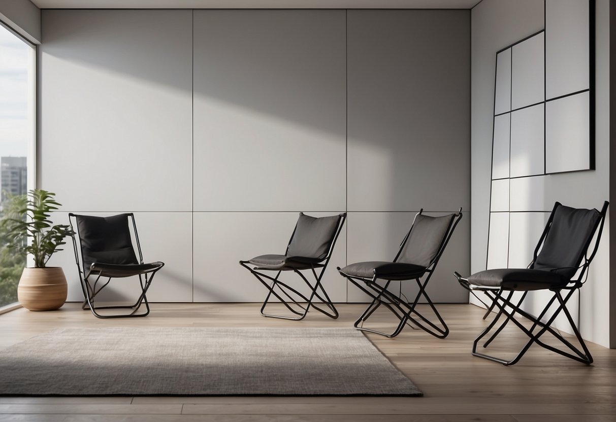A row of foldable chairs against a wall in a small modern bedroom with minimalistic decor