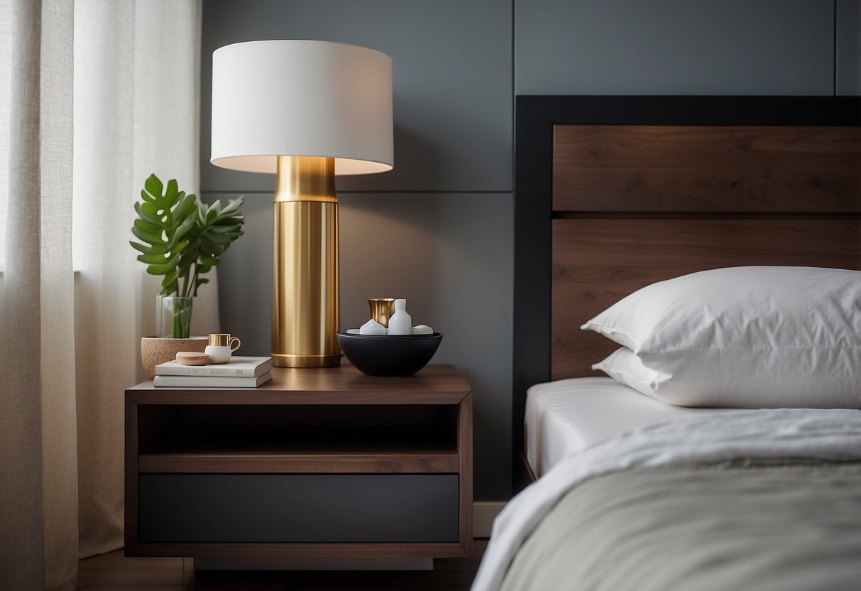 Two sleek, minimalist nightstands flank a low platform bed in a compact, modern bedroom. The nightstands feature clean lines and a space-saving design, adding a touch of contemporary style to the room