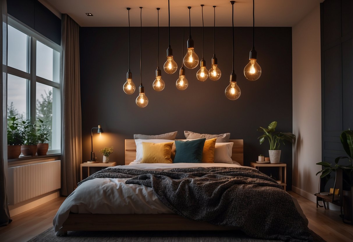 A cozy modern bedroom with 30 Edison bulb lamps hanging from the ceiling, casting a warm and inviting glow throughout the room