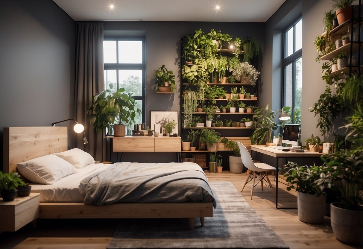 A small bedroom with a vertical gardening setup, modern decor, and space-saving furniture