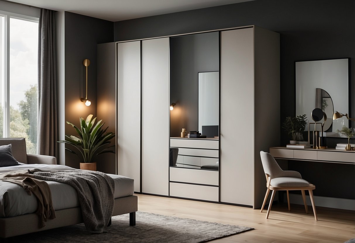 A sleek, modular wardrobe fills a modern bedroom, with clean lines and minimalistic design. The room is bright and airy, with a neutral color palette and subtle pops of color in the decor