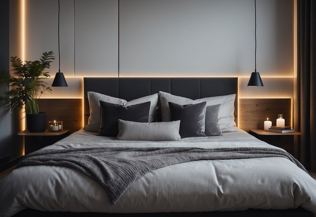 A cozy bed with two-tone bedding in a modern bedroom, with clean lines and minimalistic decor