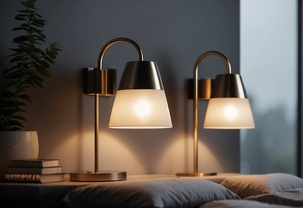 A row of sleek, wall-mounted lamps illuminating a modern bedroom with minimalist decor and clean lines