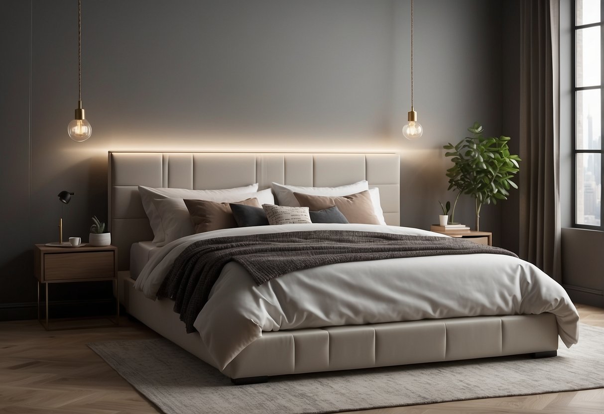 A simple, sleek headboard with clean lines and a neutral color palette. The bed is positioned against a wall with minimalistic decor and soft lighting