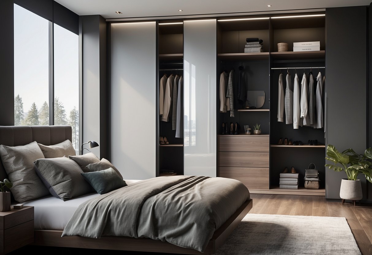 A sleek, modern bedroom with a custom closet system. Clean lines, minimalist design, and efficient use of space
