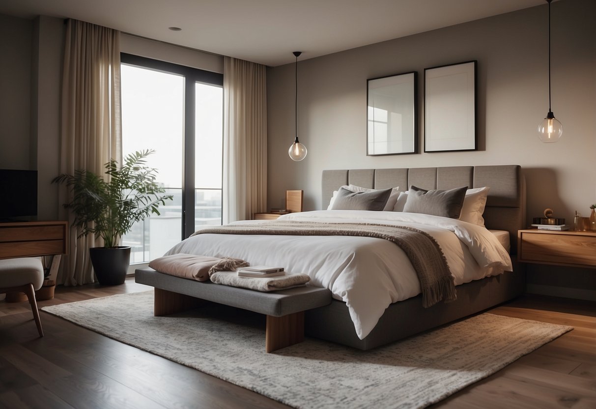 A cozy bedroom with a modern rug as the focal point. Minimalist furniture and soft lighting create a serene atmosphere