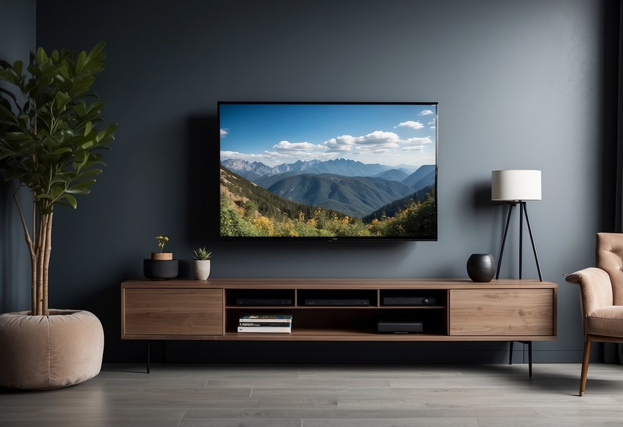 A sleek wall-mounted TV unit in a modern bedroom with minimalistic decor and clean lines