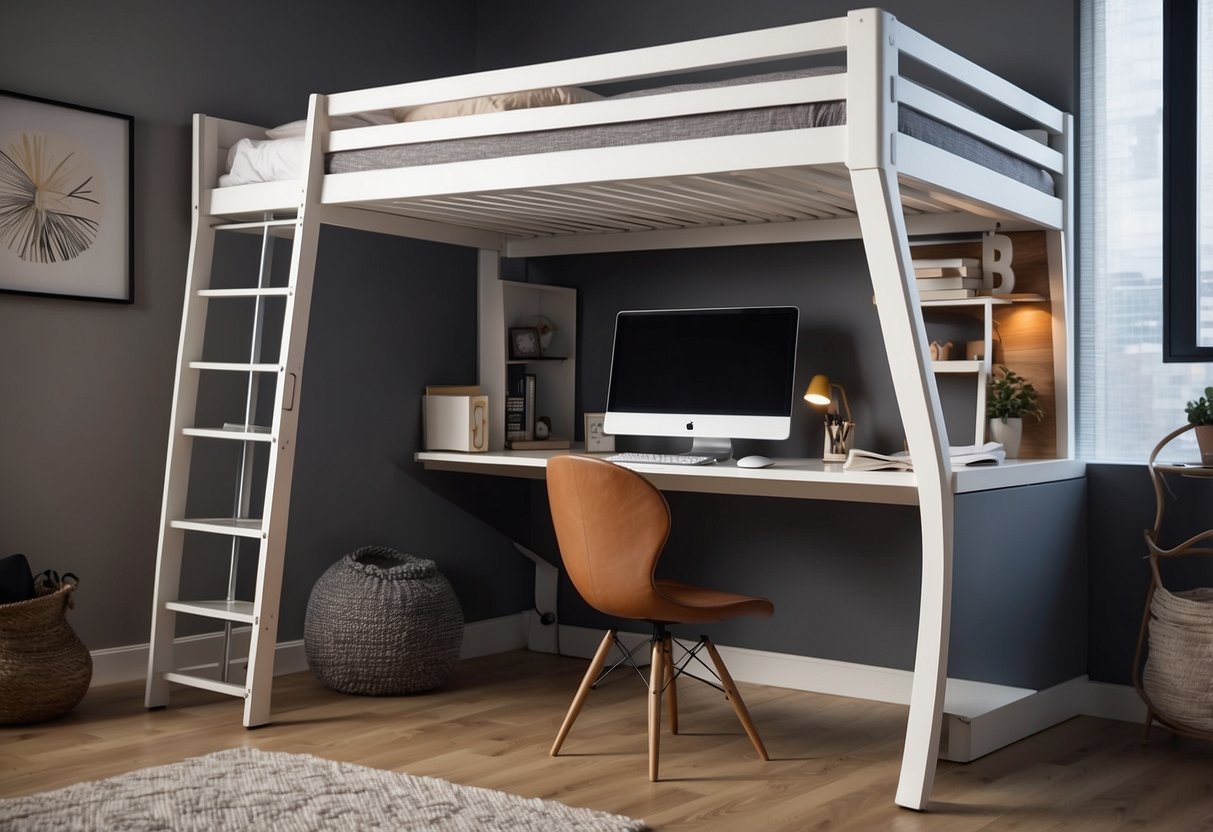 A loft bed with an integrated desk sits in a small modern bedroom, maximizing space and creating a sleek, practical design