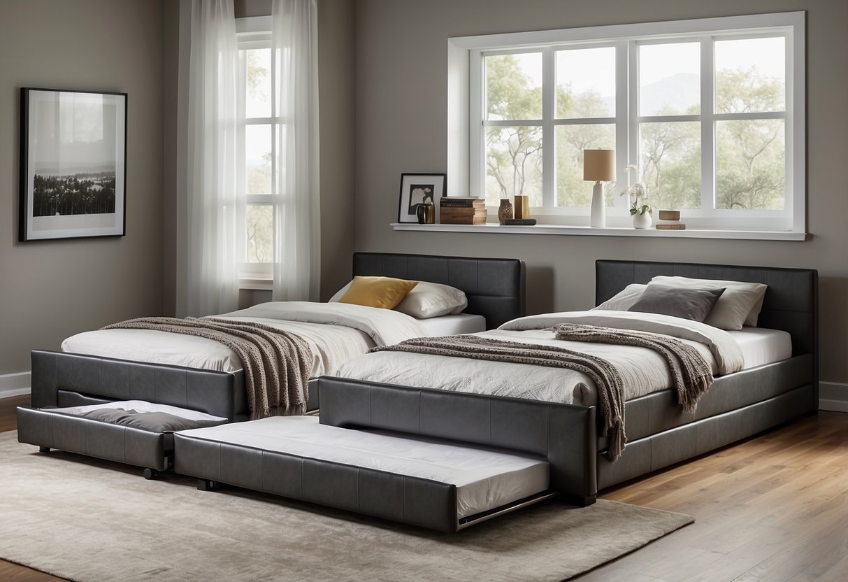 Two slide-out trundle beds in a modern bedroom with minimalist decor and clean lines. The beds are tucked neatly under a platform bed, creating a space-saving solution