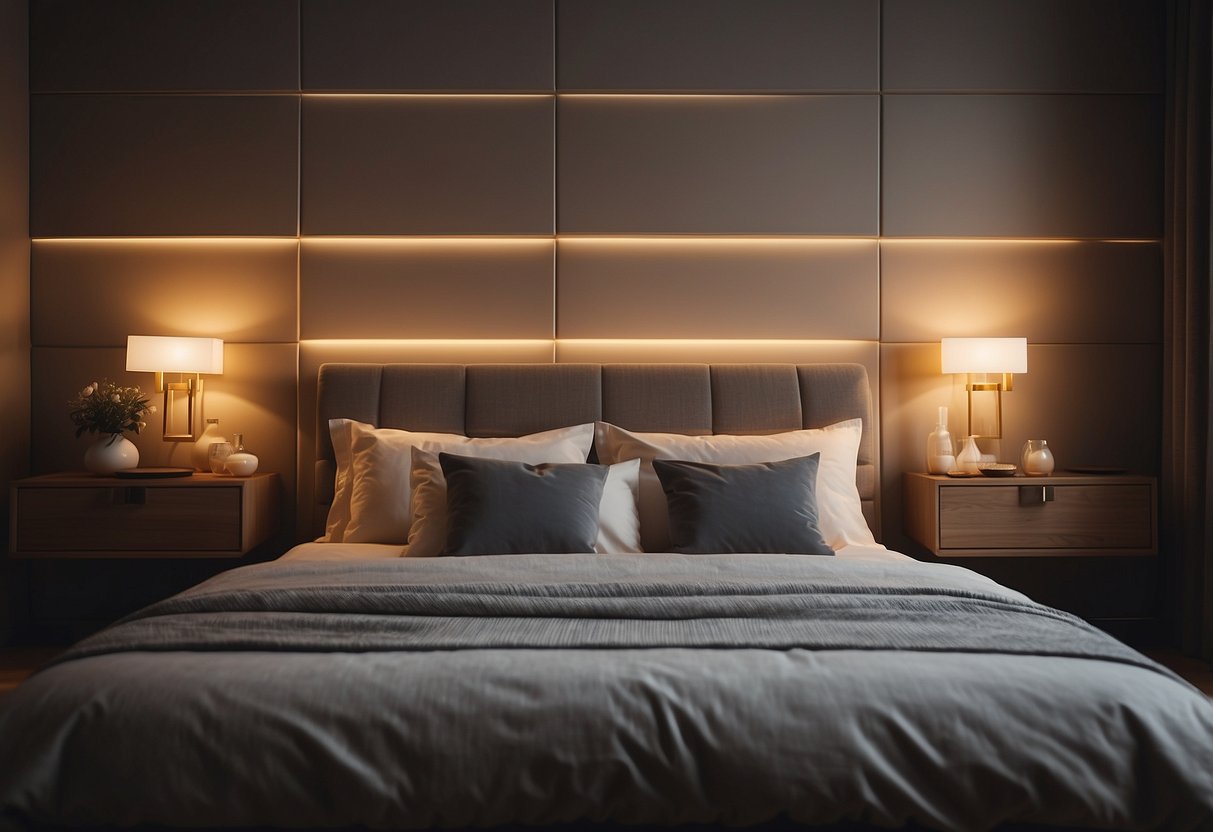 A cozy modern bedroom with sconces on the wall, each equipped with dimmer switches, casting a warm and inviting glow