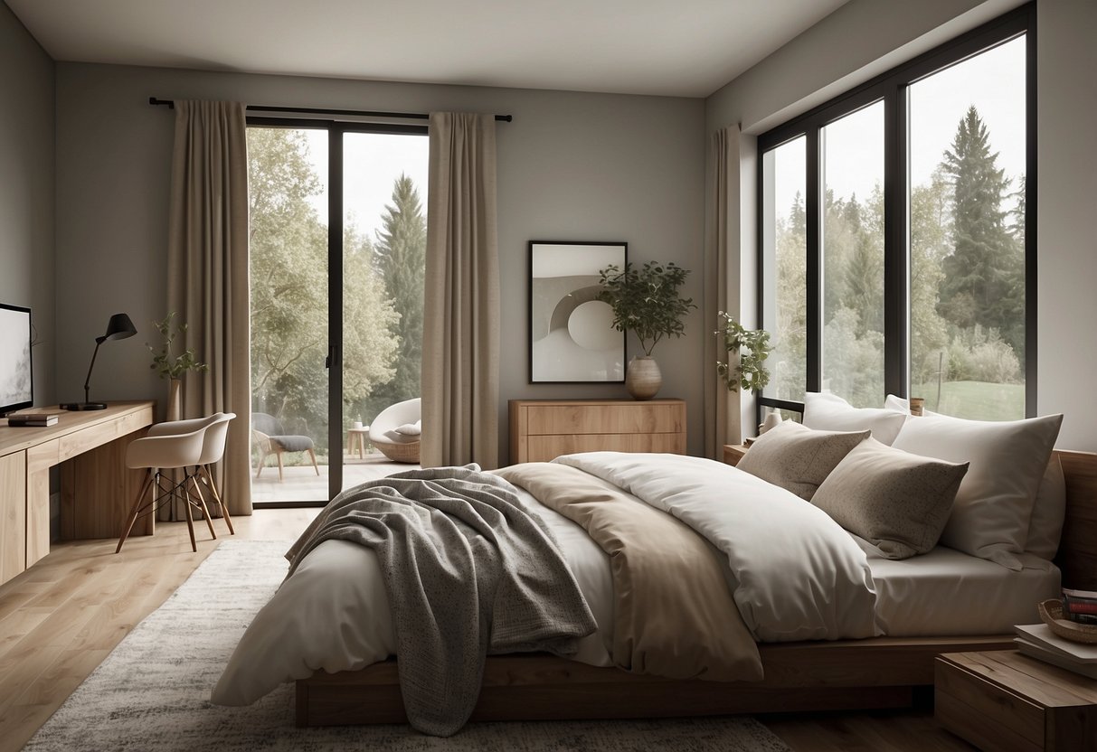 A small modern bedroom with sliding barn doors. Minimalist decor, neutral color palette, and natural light streaming in from large windows