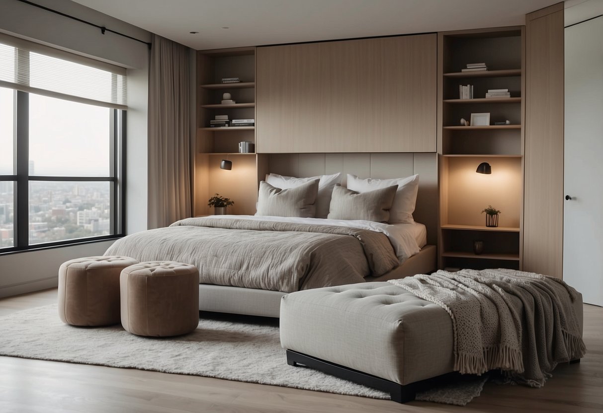 A cozy, minimalist bedroom with multi-functional ottomans serving as both seating and storage. Clean lines and neutral colors create a modern, serene atmosphere