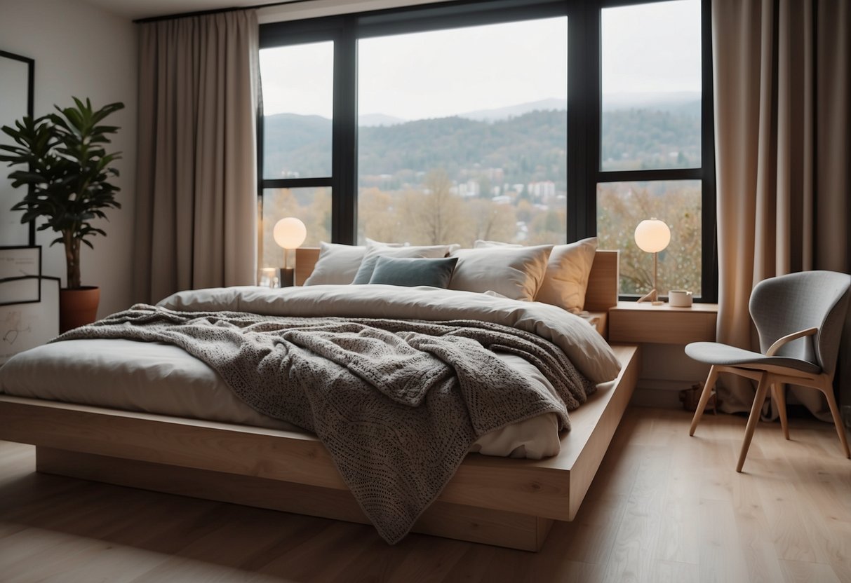 A cozy modern bedroom with multifunctional furniture, clever storage solutions, and a neutral color palette. The bed is positioned against a large window, allowing natural light to flood the space