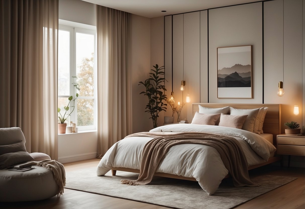 A cozy modern bedroom with soft, neutral color scheme. Natural light filters through sheer curtains, casting a warm glow on minimalist furniture and clean lines