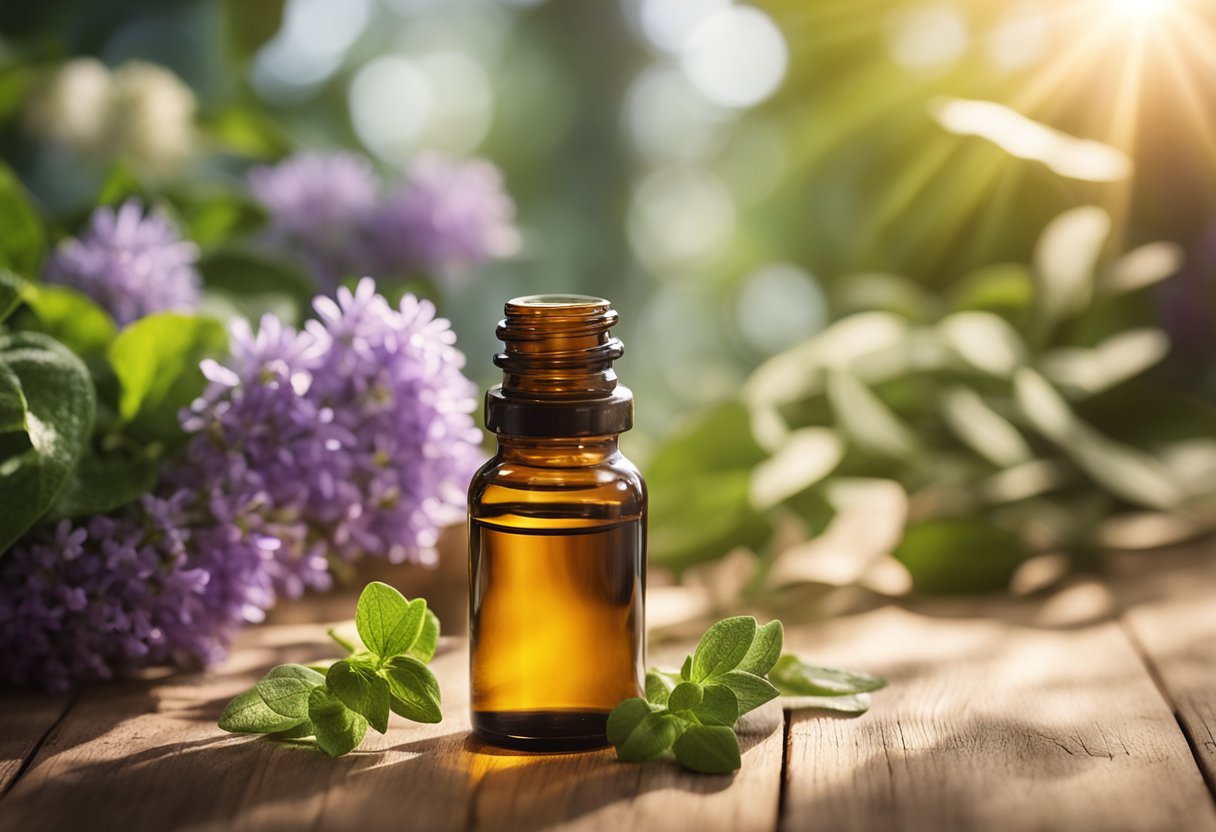 A small glass bottle of essential oil sits on a wooden table, surrounded by fresh herbs and flowers. The sunlight streams in, casting a warm glow over the scene